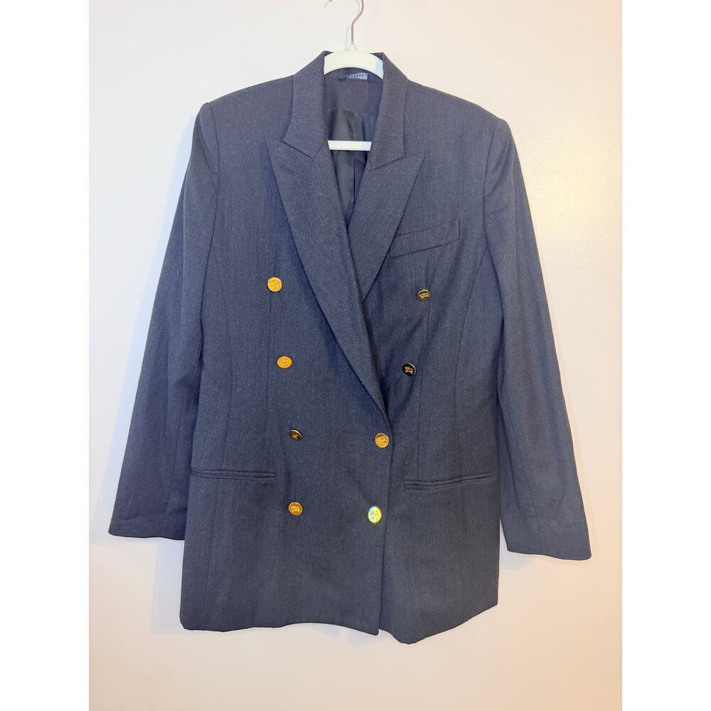 Vintage Burberry Womens Charcoal Grey Double Breasted Gold 100% Wool Blazer 10